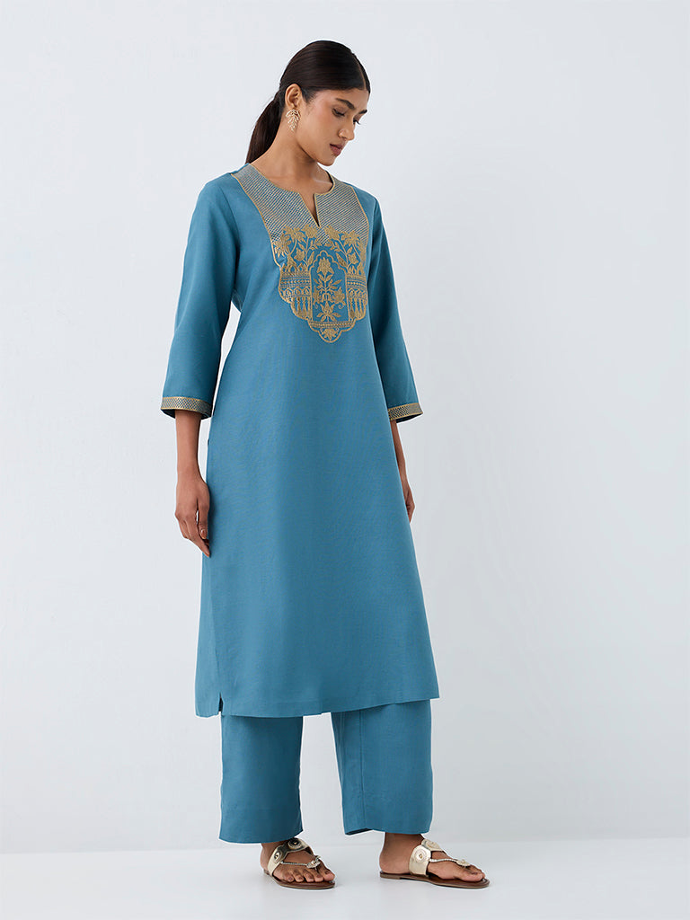 Zuba Teal Floral Embroidered A-Line Kurta