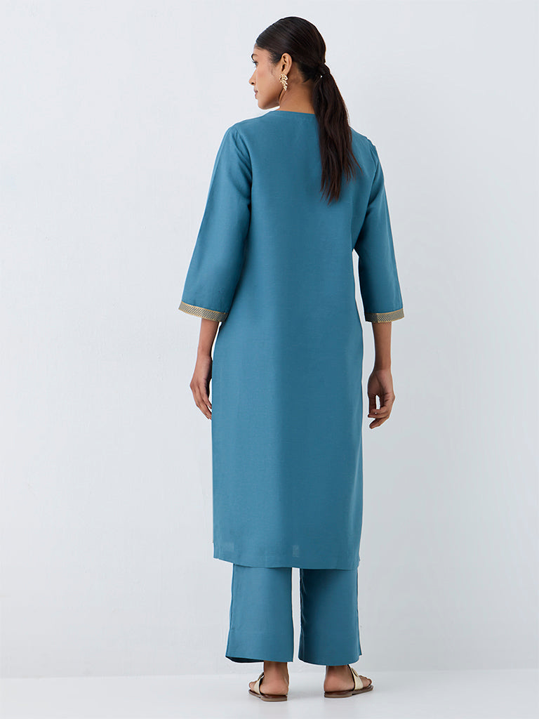 Zuba Teal Floral Embroidered A-Line Kurta