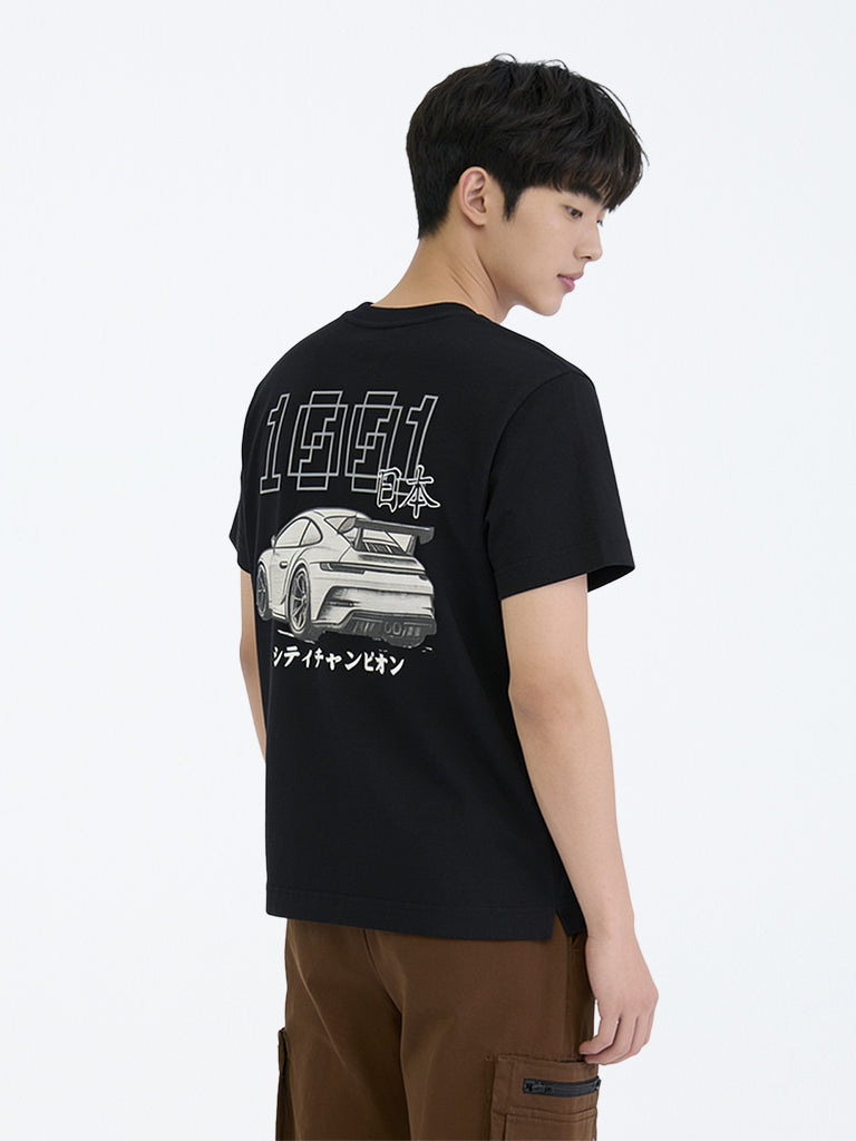 Boys Black Graphic Printed Cotton T-Shirt