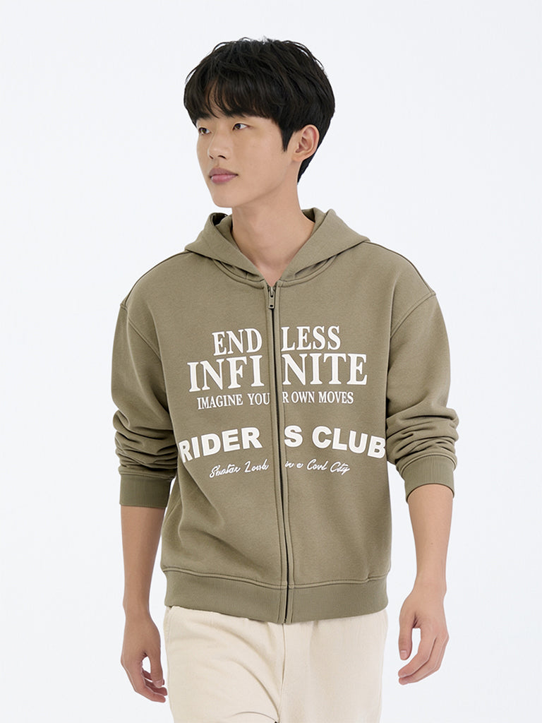 Boys Khaki Text Printed Cotton-Blend Hooded Jacket