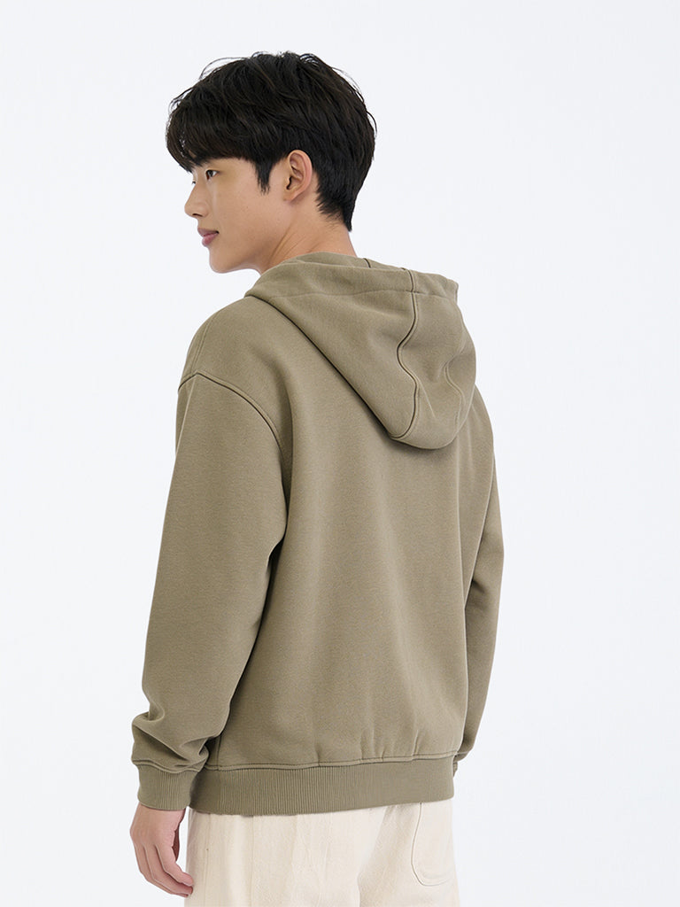 Boys Khaki Text Printed Cotton-Blend Hooded Jacket