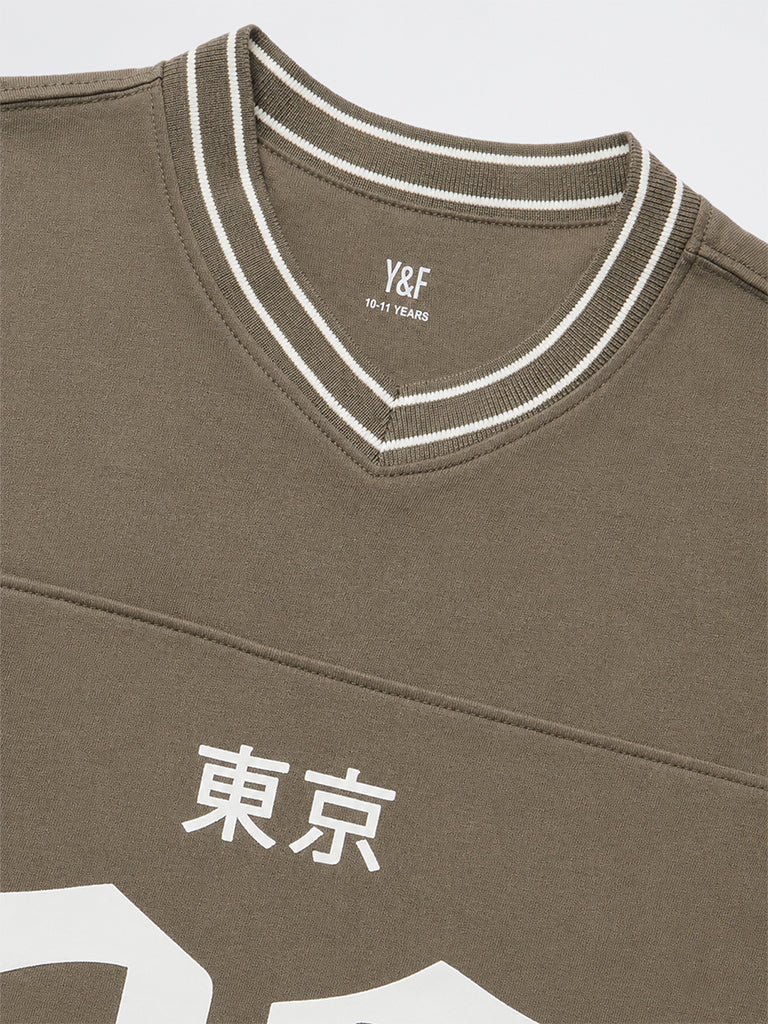 Boys Dark Taupe Numerical Design Cotton T-Shirt