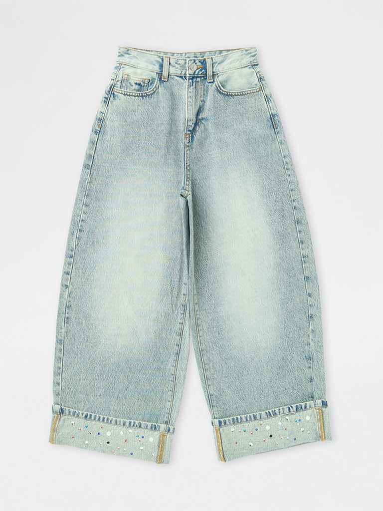 Girls Light Blue Embellished Barrel-Fit Jeans