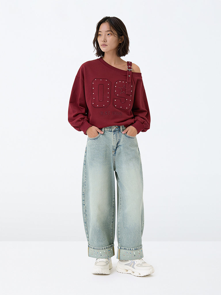 Girls Light Blue Embellished Barrel-Fit Jeans