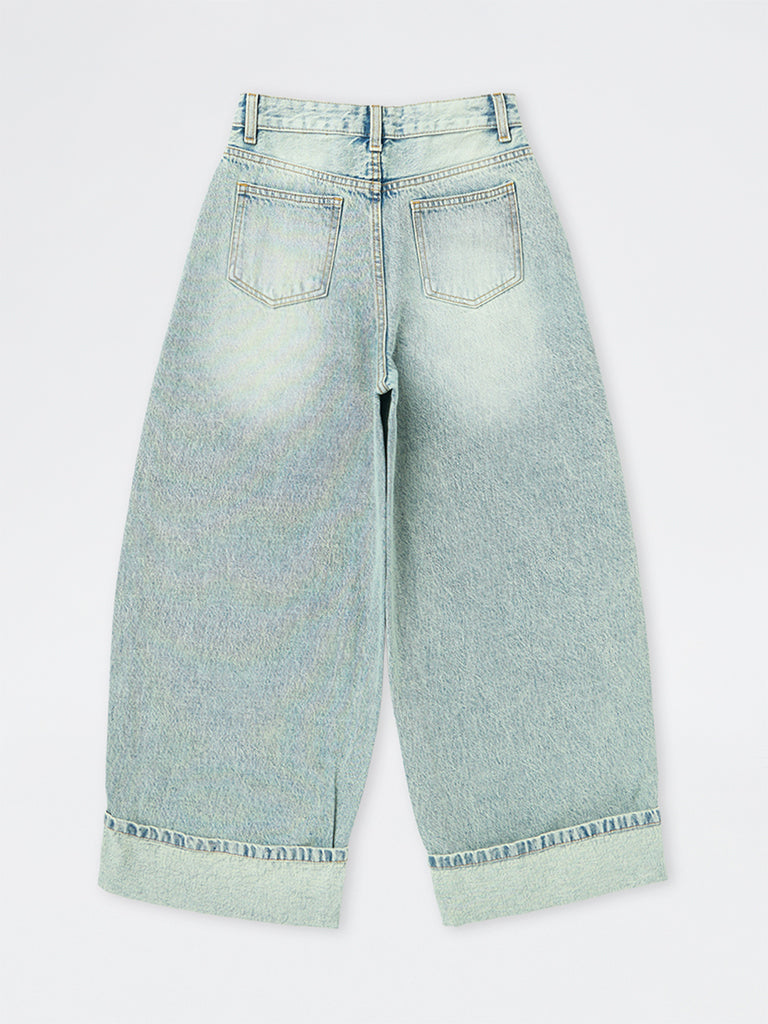 Girls Light Blue Embellished Barrel-Fit Jeans