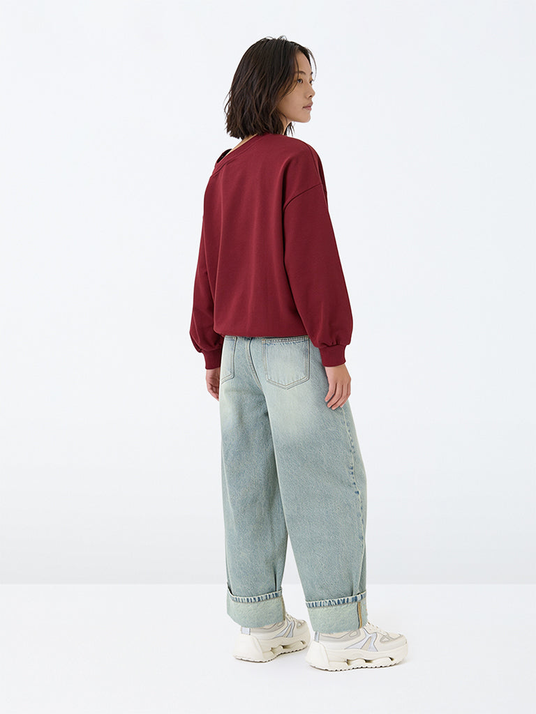 Girls Light Blue Embellished Barrel-Fit Jeans