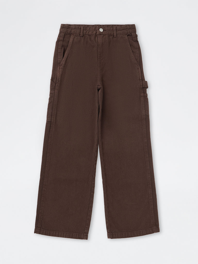 Girls Dark Brown High-Rise Relaxed Fit Jeans
