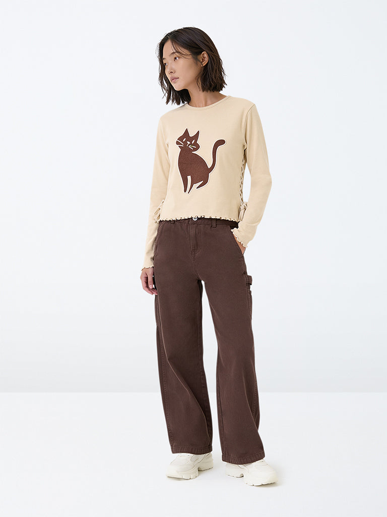 Girls Dark Brown High-Rise Relaxed Fit Jeans