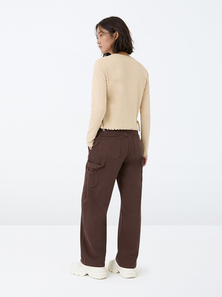 Girls Dark Brown High-Rise Relaxed Fit Jeans