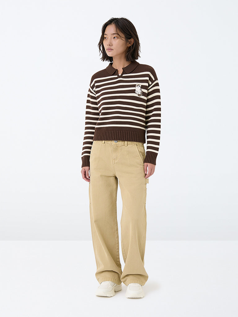 Girls Beige High-Rise Relaxed Fit Jeans