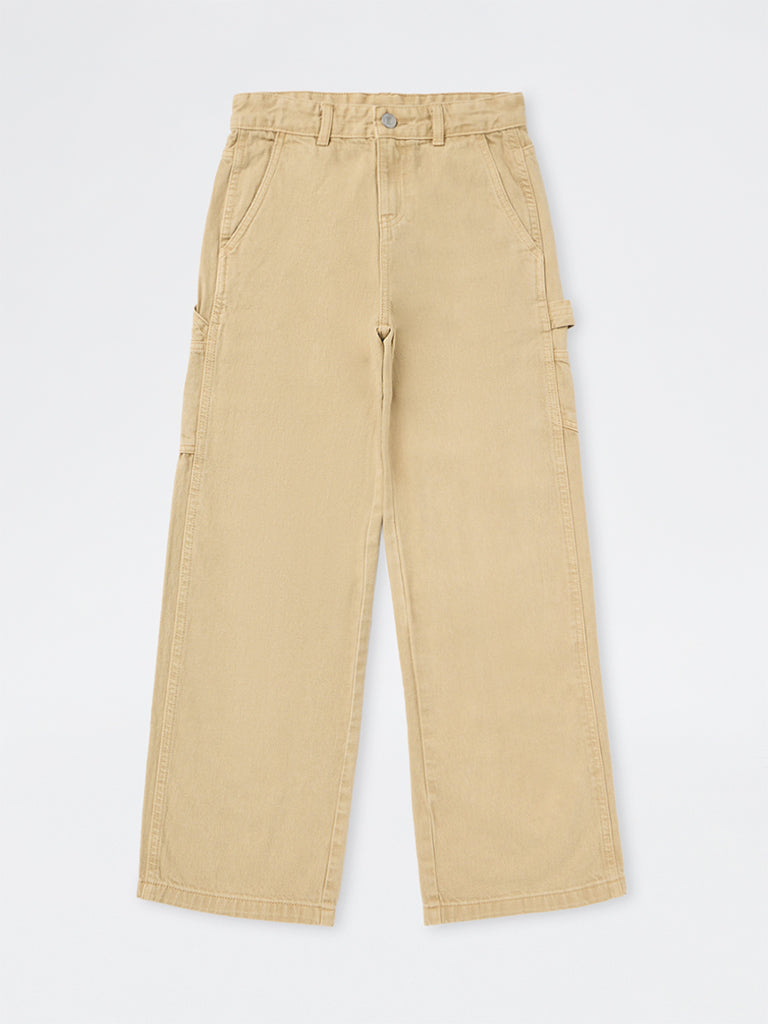 Girls Beige High-Rise Relaxed Fit Jeans