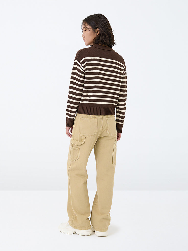 Girls Beige High-Rise Relaxed Fit Jeans