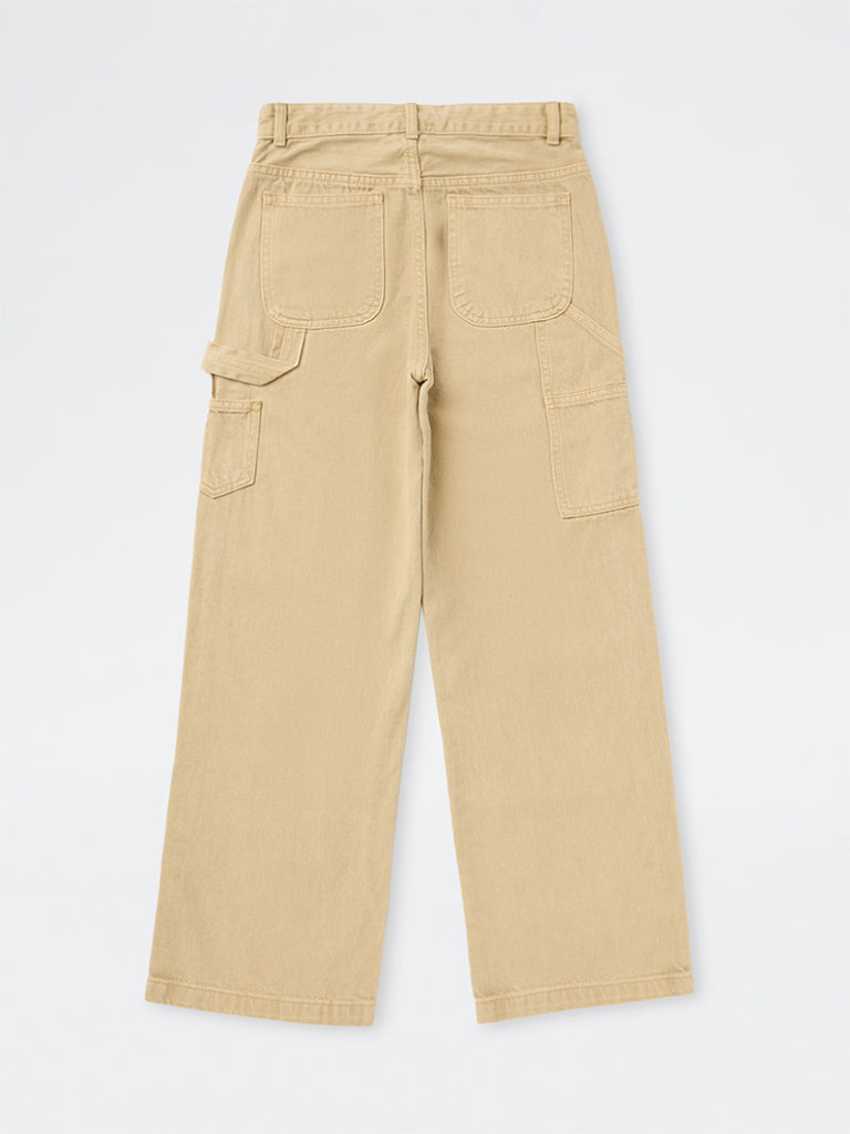 Girls Beige High-Rise Relaxed Fit Jeans