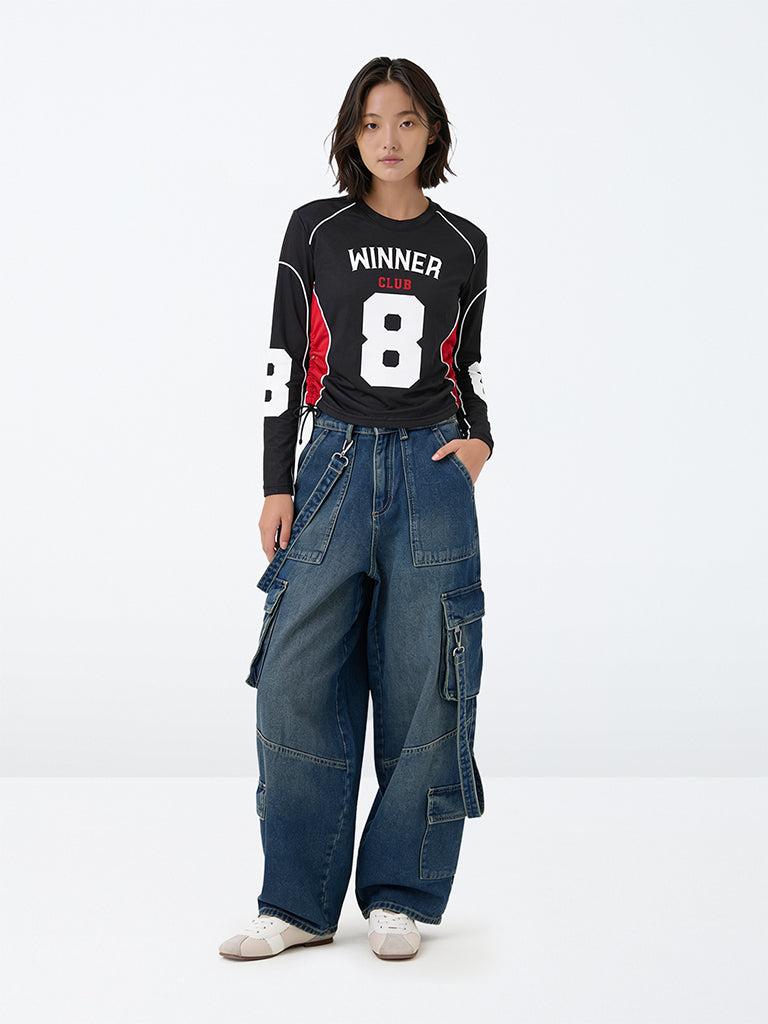 Girls Blue Wash High-Rise Cargo Jeans with Dangling Straps