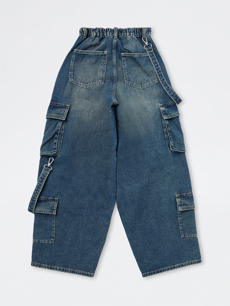 Girls Blue Wash High-Rise Cargo Jeans with Dangling Straps