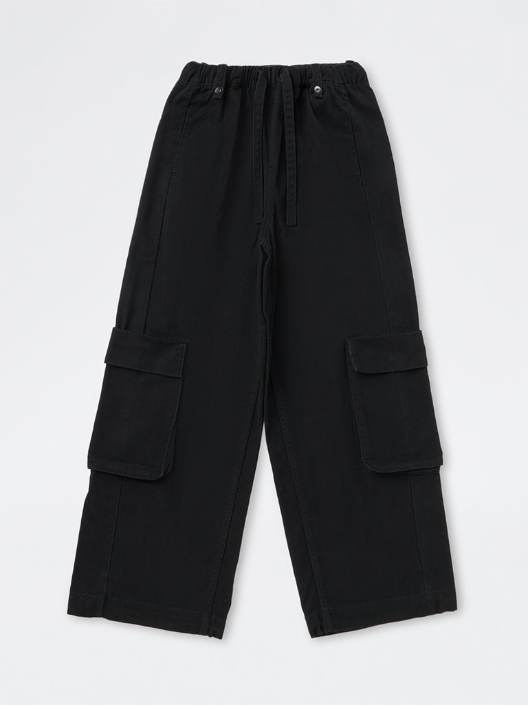 Girls Black Cargo-Style High-Rise Cotton Pants