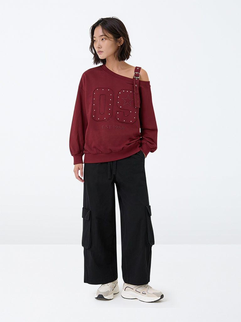 Girls Black Cargo-Style High-Rise Cotton Pants