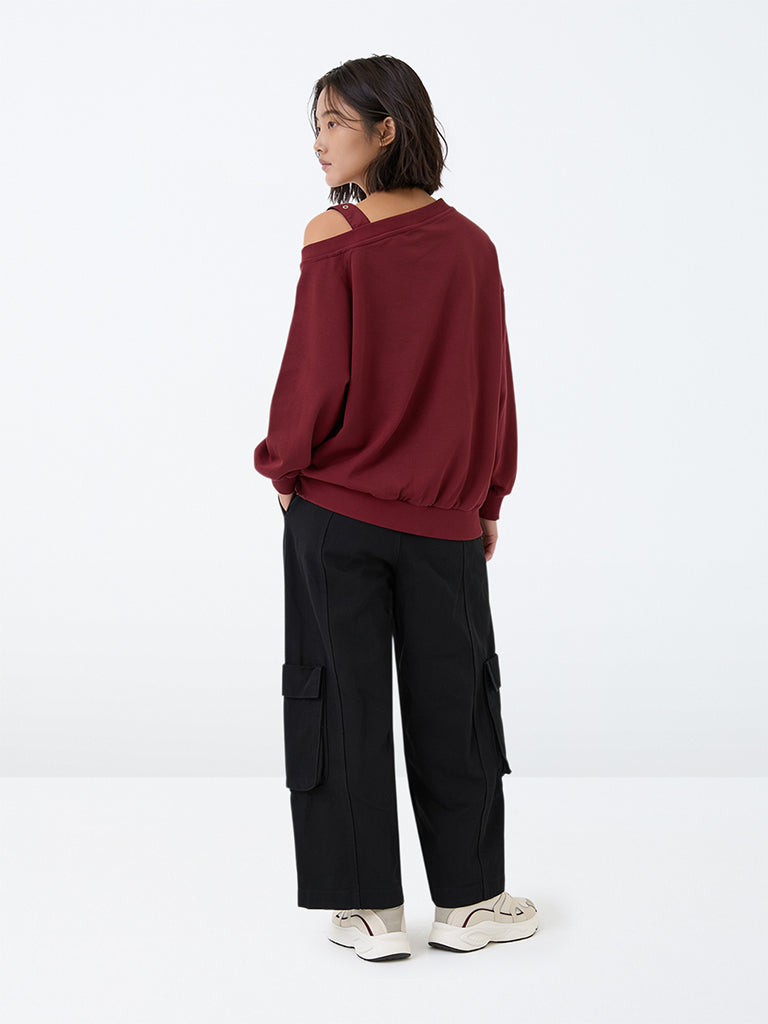 Girls Black Cargo-Style High-Rise Cotton Pants