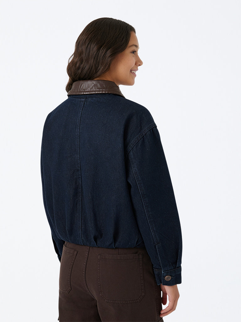 Girls Dark Blue Zip-Front Denim Jacket