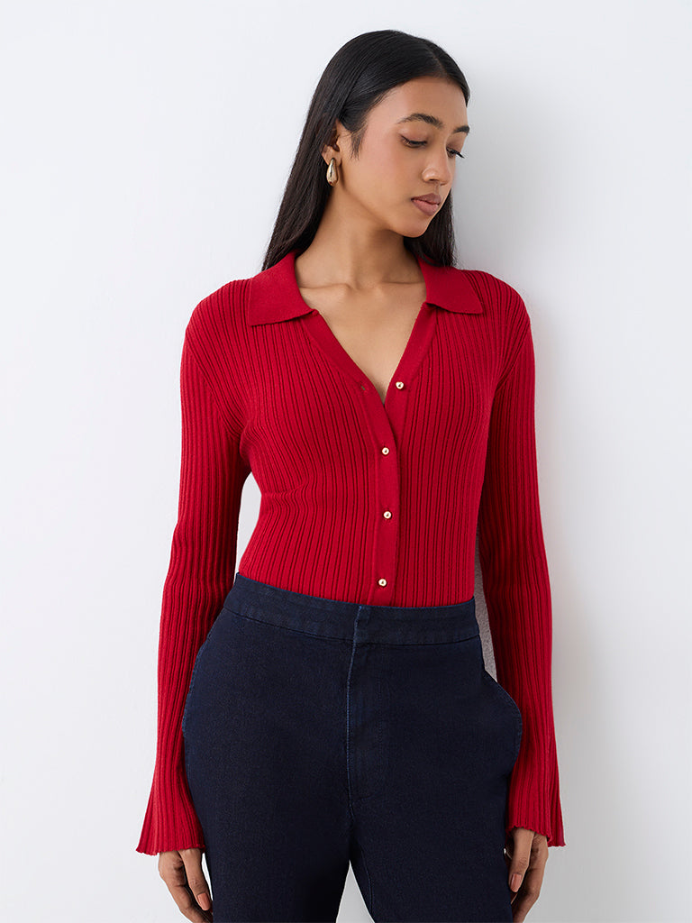 Wardrobe Red Ribbed-Knit Cardigan