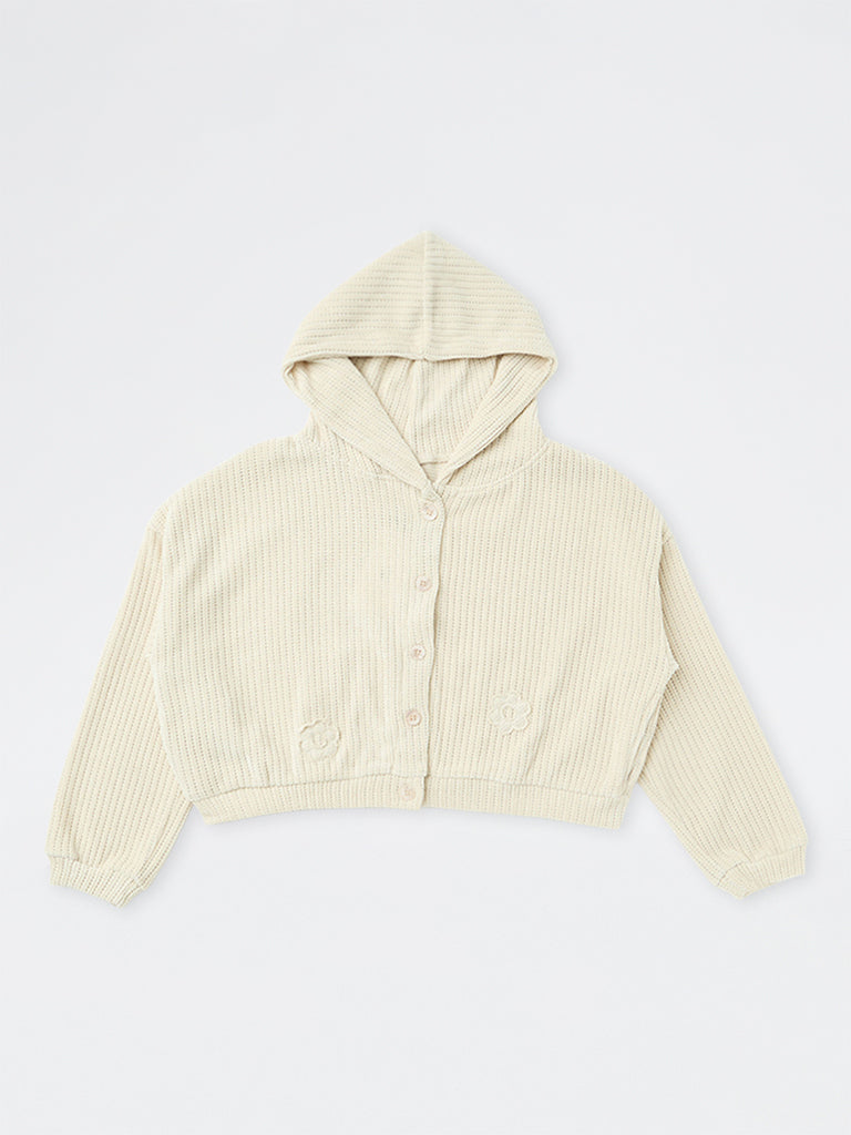 Girls Light Beige Knitted Hooded Jacket