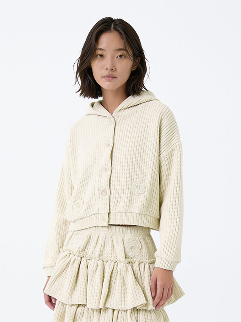 Girls Light Beige Knitted Hooded Jacket