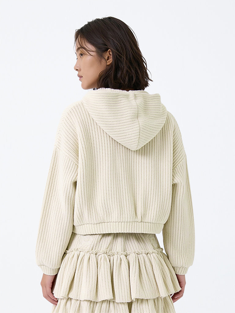 Girls Light Beige Knitted Hooded Jacket