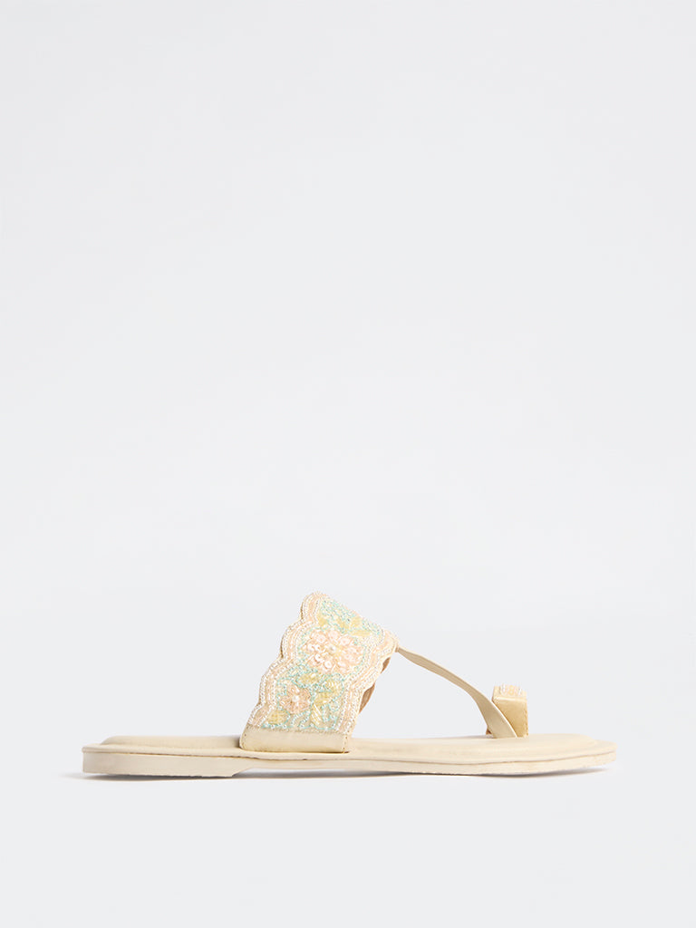 LUNA BLU Multicolour Floral Embellished Kolhapuri Sandals