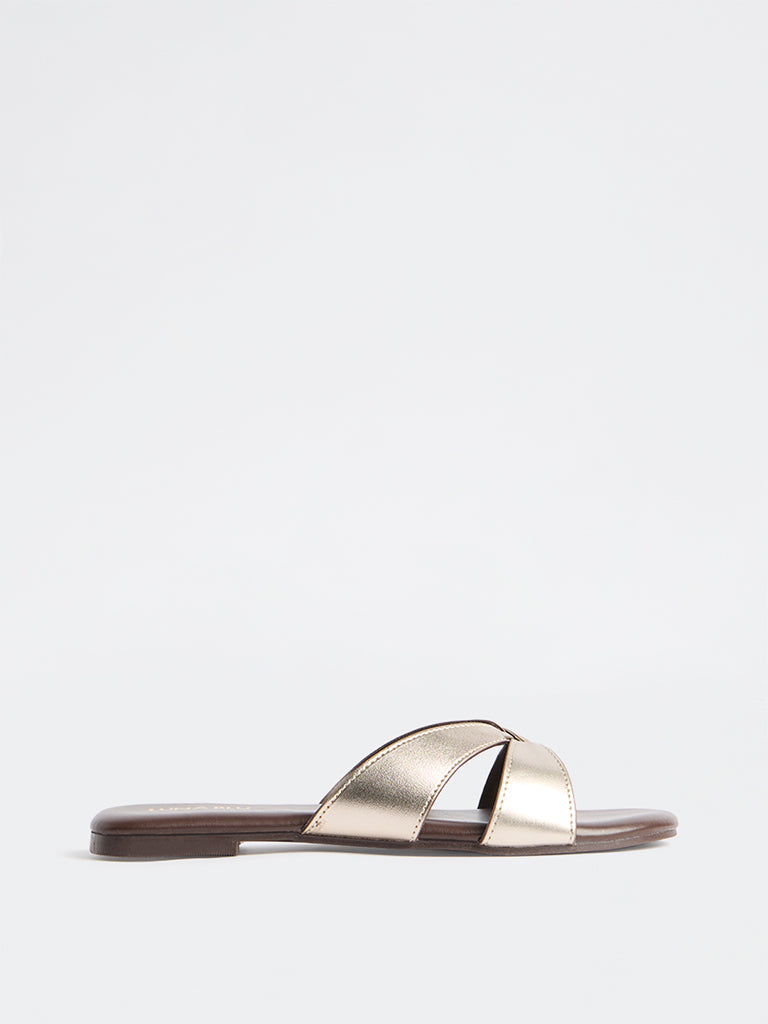LUNA BLU Gold Criss-Cross Strap Slides