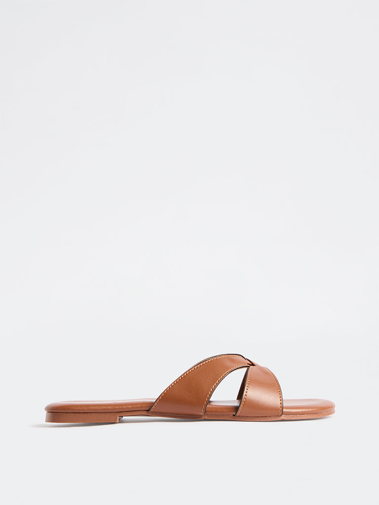 LUNA BLU Tan Criss-Cross Strap Slides