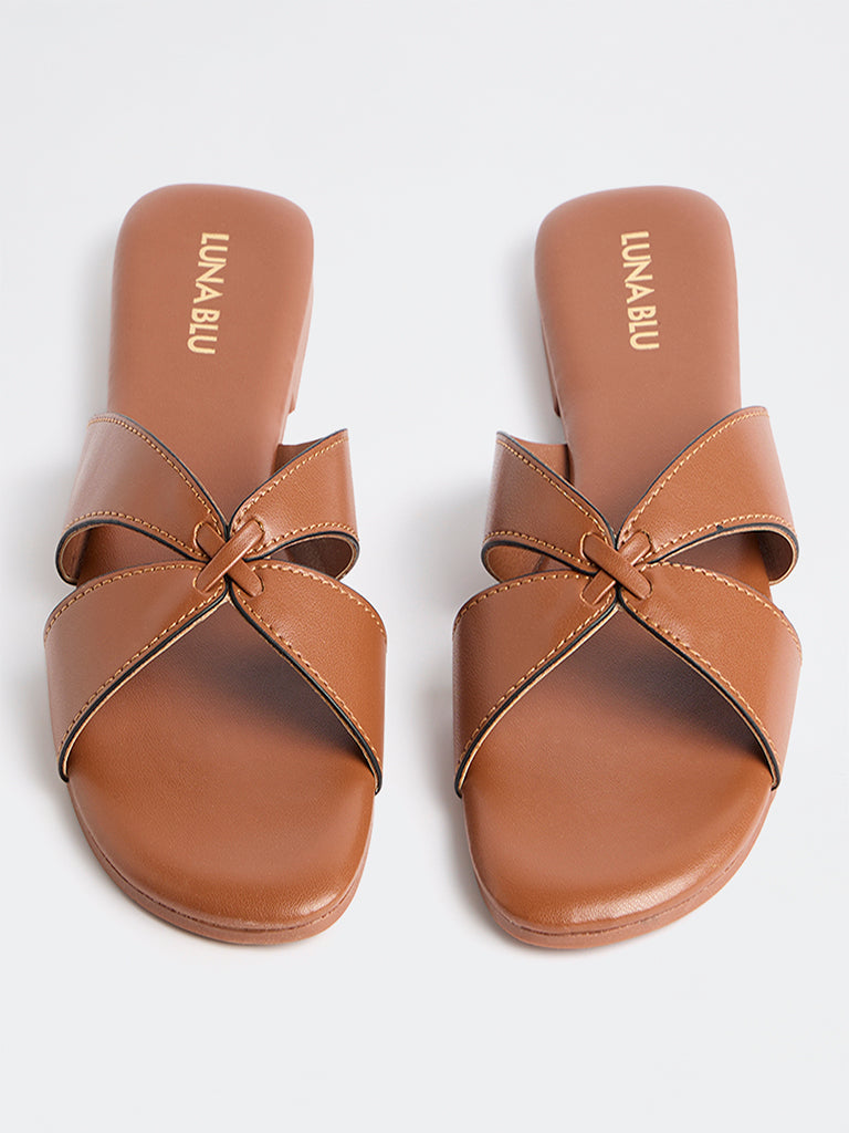 LUNA BLU Tan Criss-Cross Strap Slides