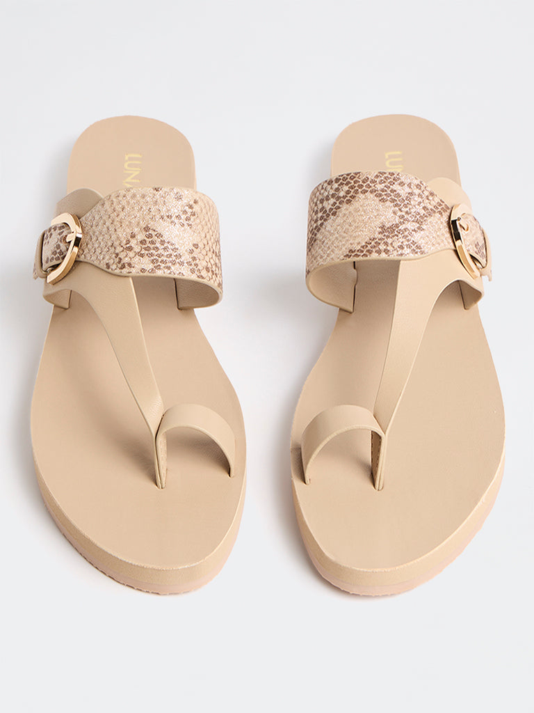 LUNA BLU Light Beige Animal Printed Toe-Ring Sandals