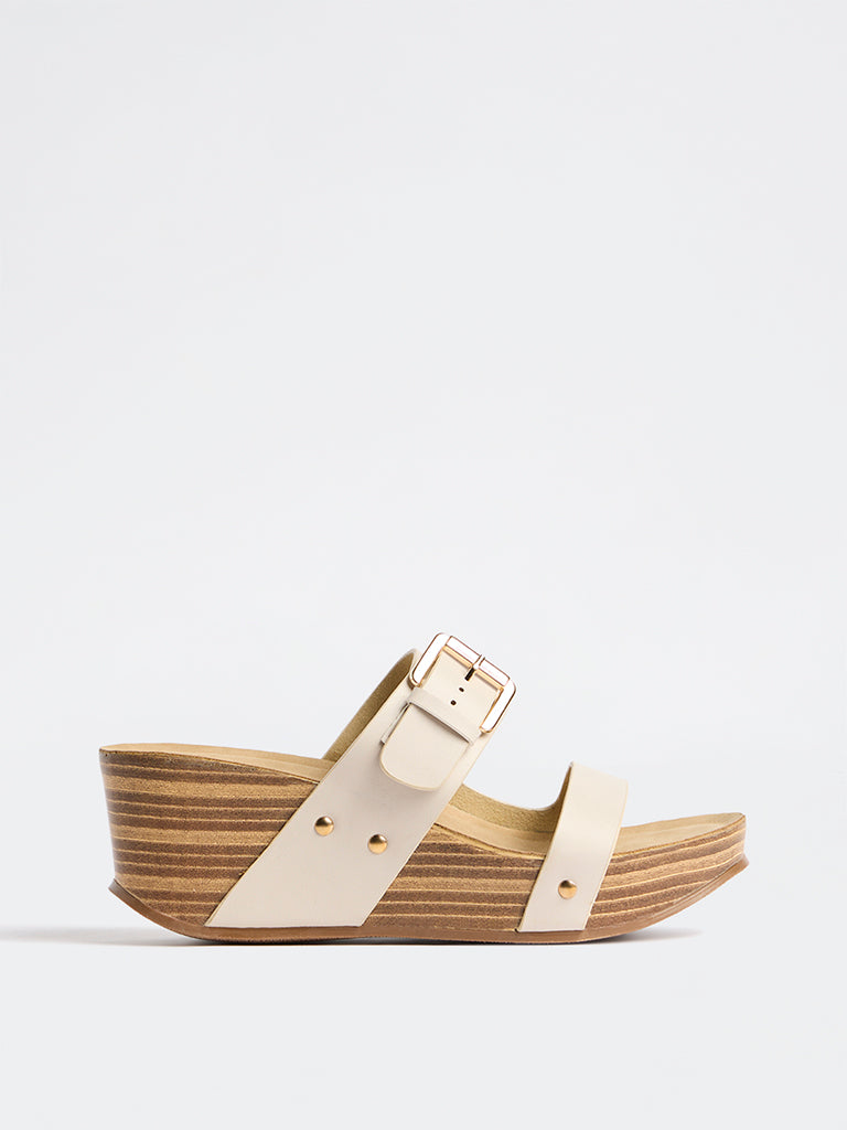 LUNA BLU Ivory Dual-Buckle Wedge Heel Sandals