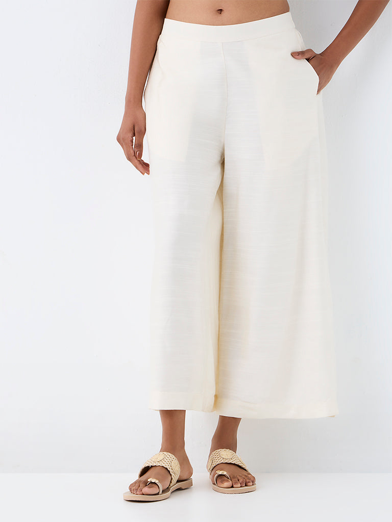 Zuba Off-White Solid Cotton-Blend Palazzos
