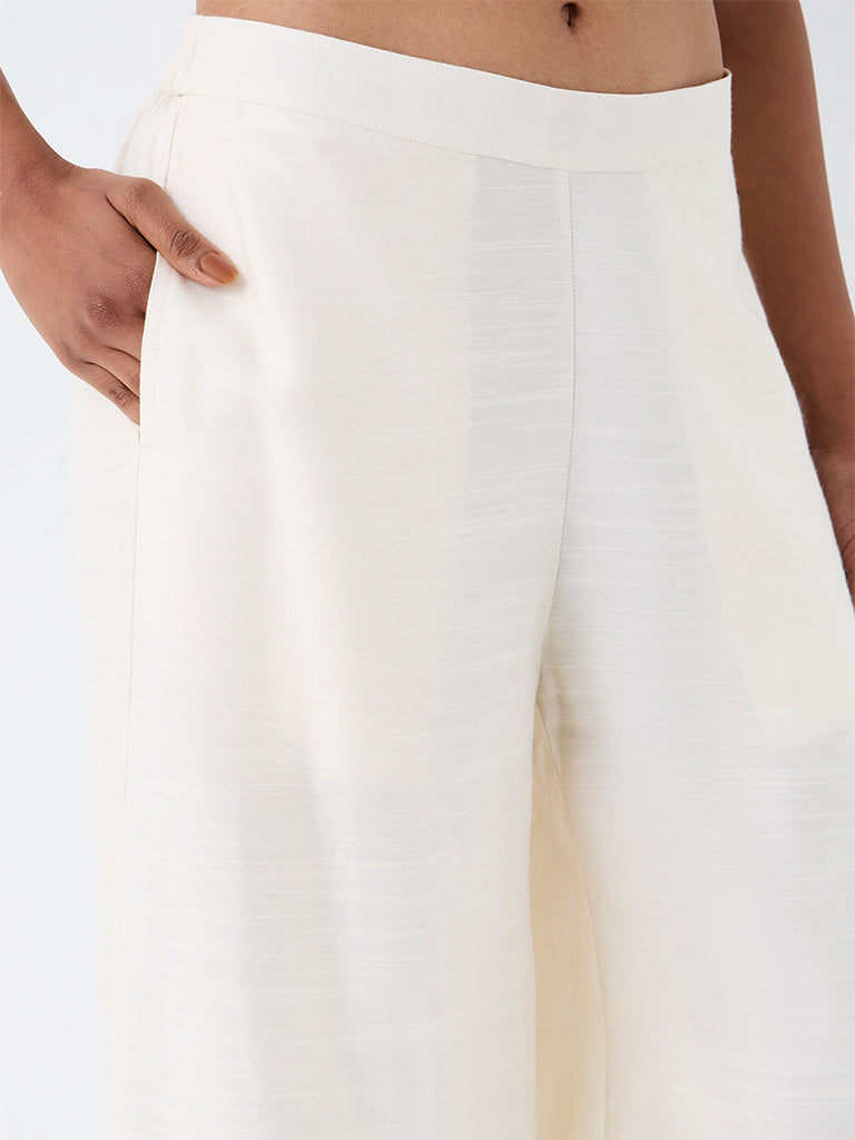 Zuba Off-White Solid Cotton-Blend Palazzos