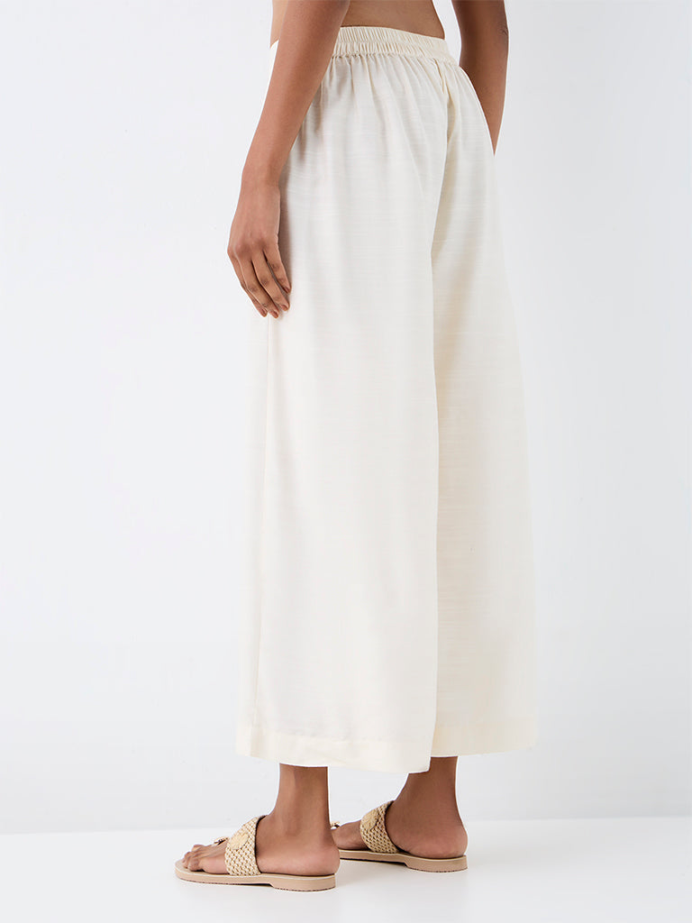 Zuba Off-White Solid Cotton-Blend Palazzos