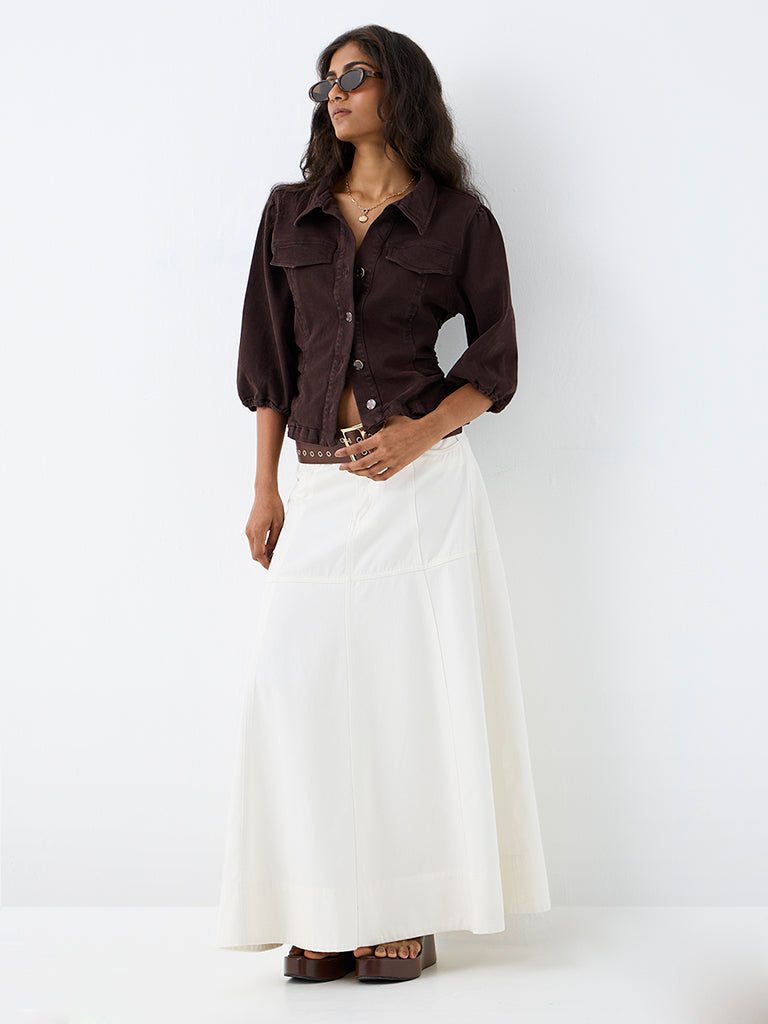 LOV Dark Brown Solid Denim Blouse