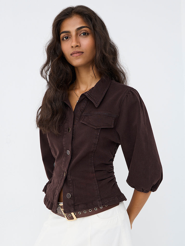 LOV Dark Brown Solid Denim Blouse