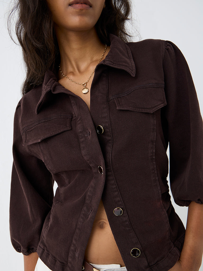 LOV Dark Brown Solid Denim Blouse