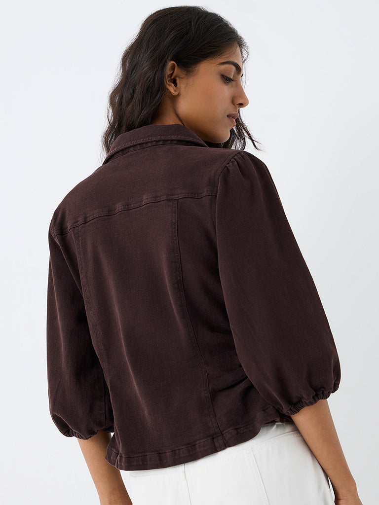 LOV Dark Brown Solid Denim Blouse