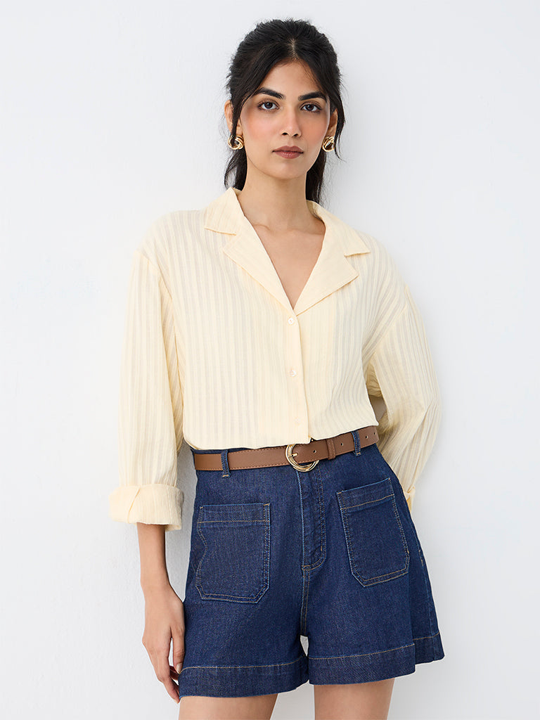 LOV Light Yellow Stripe Embroidered Cotton Shirt
