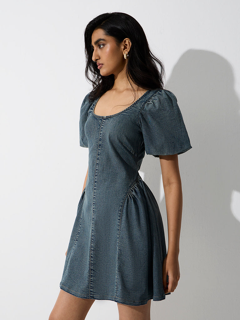 LOV Blue Washed Denim A-Line Dress