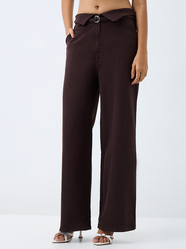 LOV Dark-Brown-Wash Mid-Waist Straight Fit Jeans with Belt