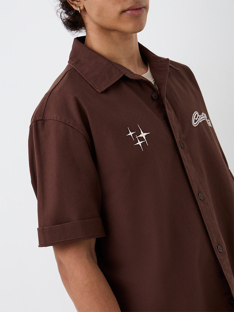 Nuon Dark Brown Japanese-Embroidered Relaxed-Fit Denim Shirt