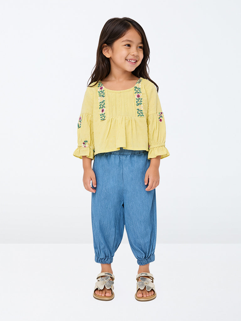 Utsa Kids Girls Blue High-Rise Denim Joggers - (2-8 yrs)