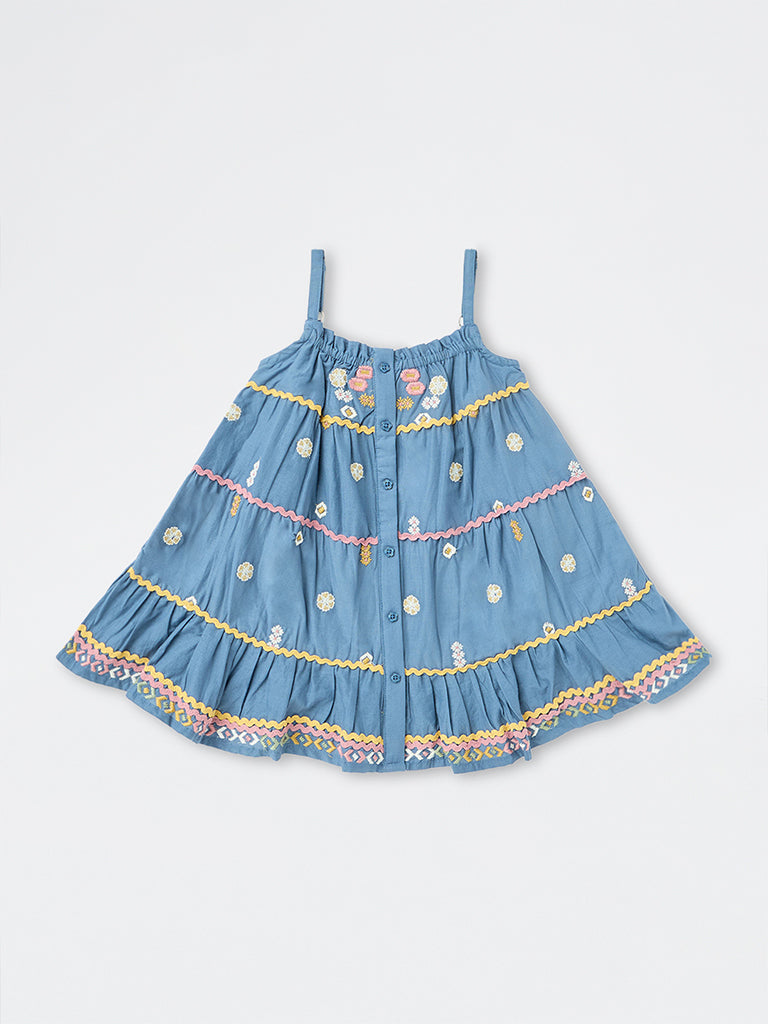 Utsa Kids Girls Blue Floral Embroidered Cotton Tiered Dress (2-8 yrs)