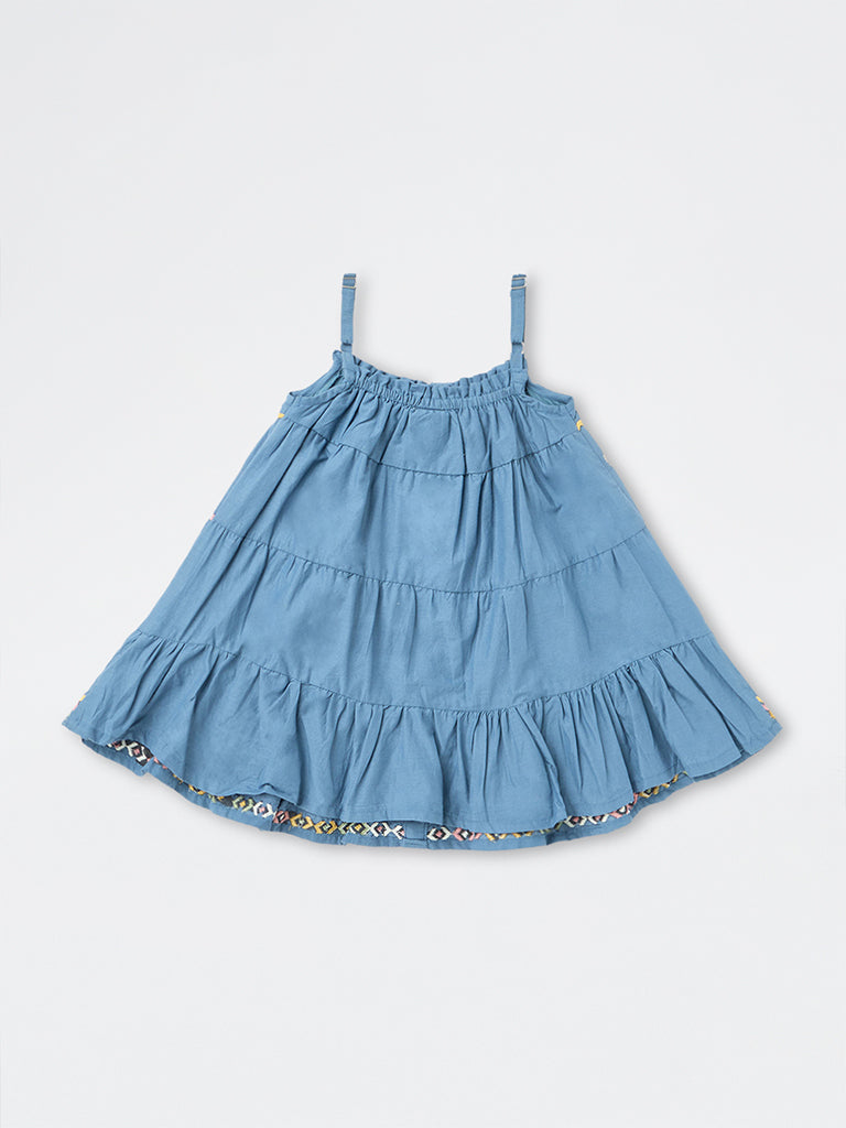 Utsa Kids Girls Blue Floral Embroidered Cotton Tiered Dress (2-8 yrs)
