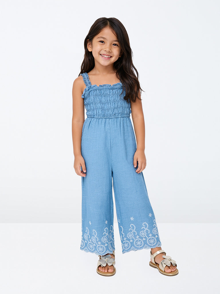Utsa Kids Girls Blue Floral Embroidered Denim Jumpsuit - (2-8 yrs)