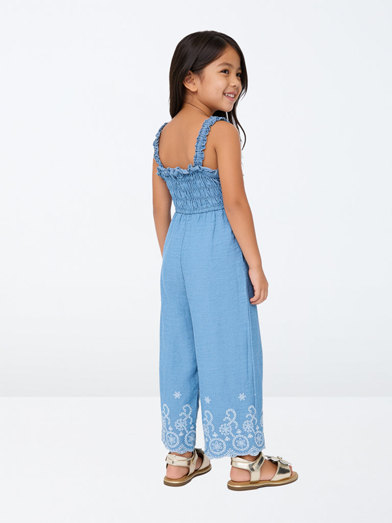 Utsa Kids Girls Blue Floral Embroidered Denim Jumpsuit - (2-8 yrs)