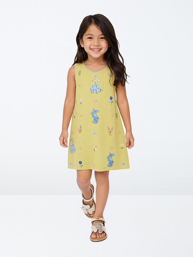 Utsa Kids Girls Yellow Embroidered Cotton Sheath Dress - (2-8 yrs)